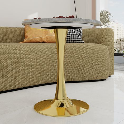 Table basse ronde dorée 70cm, table à manger vintage moderne pour 2-4 personnes, plateau en marbre blanc veiné gris clair, pied central chic, idéale salon ou cuisine. (1/5)