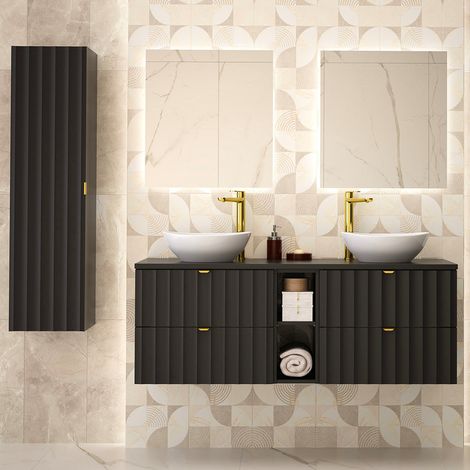Conjunto de muebles con doble lavabo 140cm 2 compartimientos y columna Lexa Negro (1/4)