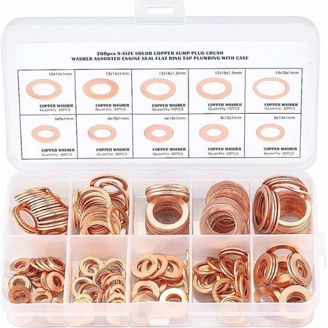 Cuivre Rondelles Metal, Joints Bague D'étanchéité, Rondelles Plates, Joint Torique avec Boîte pour L'étanchéité - 200 Pcs/M5 M6 M8 M10 M12 M14 (1/5)