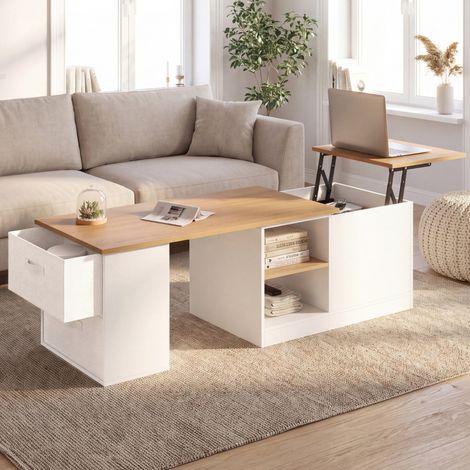 Mesa de centro rectangular ILONA con tablero elevable y extensible de 100-140 cm, con 2 cajones, compartimento y estante, en bla (1/5)