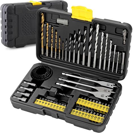 Coffret compact de 63 pièces comprenant forets et clés multi-aciers. Outils HSS revêtus de titane, scies à maçonnerie, scies à ébavurer et scies cloches pour le perçage du métal. (1/4)