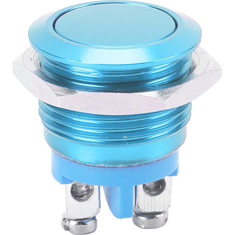 Interrupteur Bouton Métal Inoxydable 16mm Tête Plate Ronde Étanche Auto-Rétablissement 220V (Bleu)