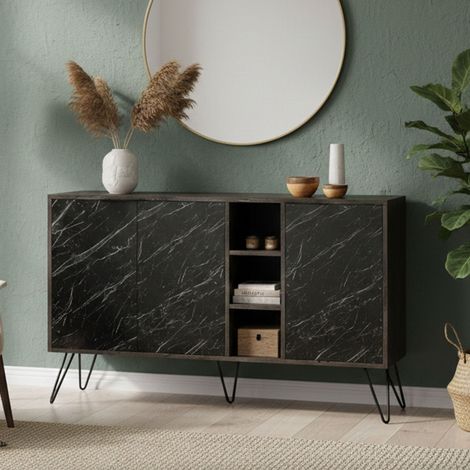 Dmora - Credenza Alin, Buffet da soggiorno, Madia da salotto, Dispensa da cucina, 142x36h83 cm, Ossido e Nero Marmo (1/5)