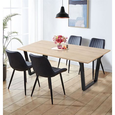 Hallowood Furniture Dudley Round Dining Table and Chairs Set 4 with U-Shaped Black Metal Legs and Black Bonded Leather Chairs, Stylish Dining Set for Home and Café (180cm) (1/5)