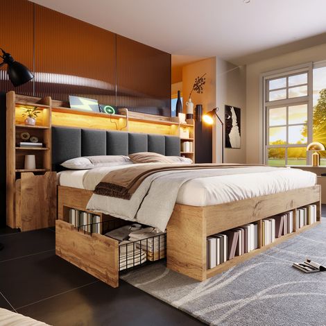 Lit 180x200 avec Tables de nuit avec éclairage LED et USB/Type-C, Lit Coffre avec Rangement tiroirs, sommier bois inclus, Chêne (sans Matelas)