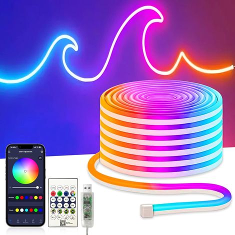 Neon Rubans LED 10M, 5V USB Bandes LED RGBIC, Contrôle Intelligent par App, Flexible Étanche Découpable, Synchronisation Musique,Lmières LED DIY pour Chambre, Cuisine, Fête, Salon (1/5)