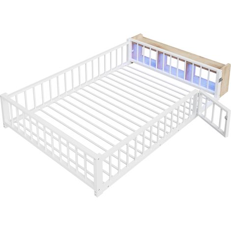 Kinderbett 140×200 cm, Bett für 2 Personen mit Schutzgitter, offenem Fach und LED, ohne Matratze, Weiß (1/5)