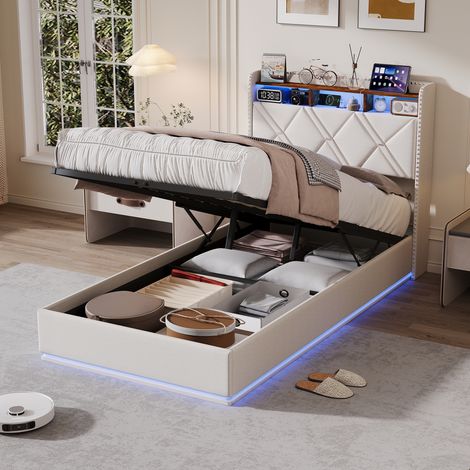 JOOKGBD-Letto Contenitore 90x200 cm,Letto Singolo,Letto Adolescenti,Letto Imbottito,Testiera con LED,USB e Ripiano Nascosto,Rete Inclusa,Lino,Beige