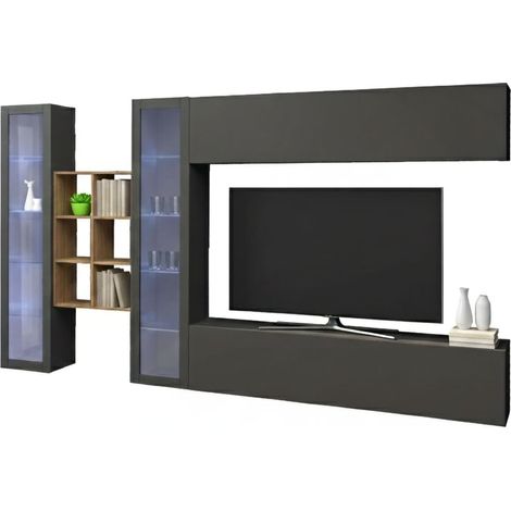 Dmora - Pared Equipada Dcaprin, Conjunto de salón Mueble TV con 4 puertas, Mueble de salón polivalente, 100% Made in Italy, cm 280x30h180, Antracita y Arce