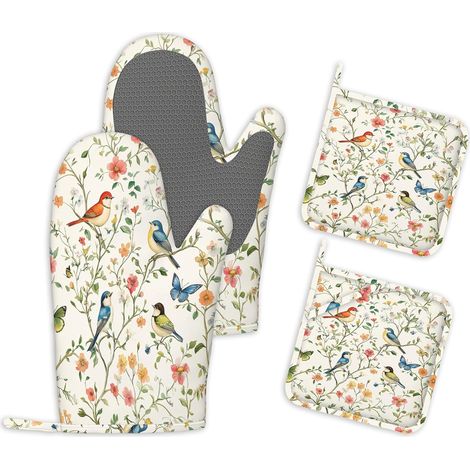Lot de 4 Gants de Cuisine et Maniques en Silicone Oiseau Botanique Vintage Gants de Cuisine Résistants à la Chaleur et Antidérapants pour la Pâtisserie et Le Barbecue Décoration de Cuisine (1/5)