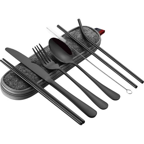 8 pièces couverts inox pour voyage, ensemble portable avec étui, baguettes, couteau, fourchette, cuillère, pailles et brosse de nettoyage (1/5)