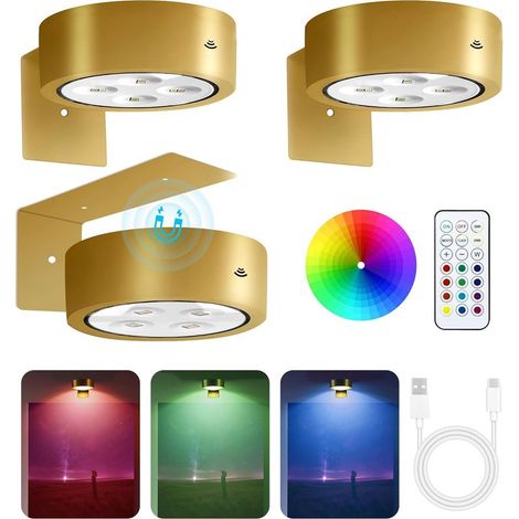 Ensemble de 3 bandes lumineuses LED RGB à couleurs changeantes pour tableaux, rechargeables et magnétiques, avec télécommande, pour une décoration murale sans fil - Or (1/5)