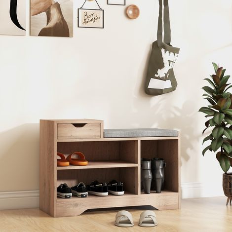 Schuhbank mit einer Schublade und drei Fächern, gepolstertem Kissen, Platz für 5 Paar Schuhe, 76,5 x 30 x 52 cm, grau