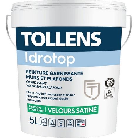 Tollens – Peinture acrylique velours satinée 5L – Couleur blanc – Finition lessivable pour murs et plafonds – Fort pouvoir couvrant