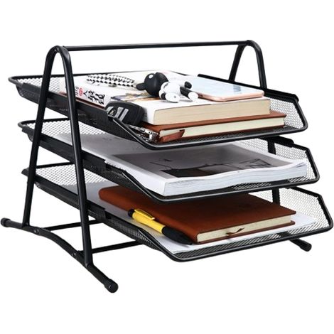 Plateau à documents en métal Relaxdays, plateau à lettres à 3 compartiments, plateau de bureau en maille pour documents A4, noir, 35,5 x 29,5 x 27 cm (1/5)
