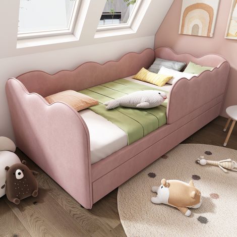 Lit banquette 90/190 cm rose en velours avec lit gigogne (1/5)