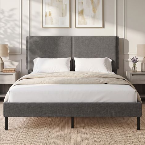 Lit 2 places 140x190 cm avec sommier et tête ajustable, cadre capitonné en lin, espace de rangement intégré, gris (1/5)