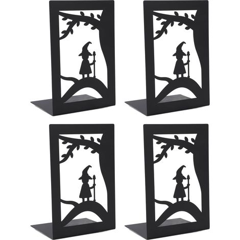 Lot de 4 Serre-livres Métal Robustes avec Patins Antidérapants, Supports de Livres Debout pour Bibliothèque et École, Fini Forêt Elfique (1/5)