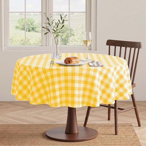 Nappe à carreaux ronde 180 cm lavable jaune-blanc pour intérieur et extérieur