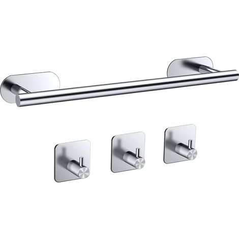 4Pcs Barre Porte-Serviettes 40cm Forte Adhésif, Ensemble de Porte Serviette Salle de Bain en Acier Inoxydable Porte-Serviettes de Douche & 3Pcs Crochets de Auto-Adhésif Brossé- Argent (1/5)