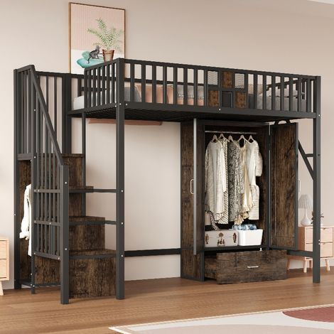 Metallhochbett 90x200 cm mit großem Kleiderschrank und Schubladen, platzsparendes Jugendbett mit Stauraumtreppe, Metall und Holz, Schwarz (1/5)