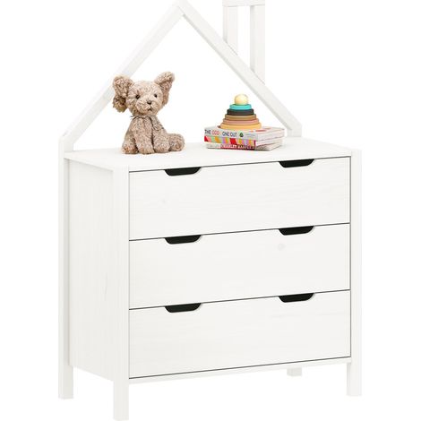 Idimex – Commode enfant 3 tiroirs en pin massif lasuré blanc – Design en forme de maison – Dimensions tiroirs 71x29cm – Hauteur 20cm