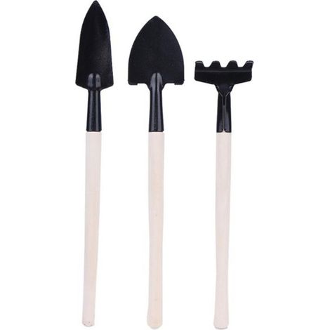 Mini kit d'outils de jardin à main, 3 pièces : pelle, bêche, râteau et truelle à manche en bois, pour le jardinage. (1/4)