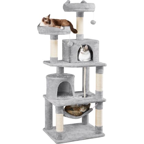Yaheetech Tiragraffi Albero per Gatti Adulti 61 x 49 x 158 cm con Giocattolo per Gatto 2 Palle Cuccia Graffiatoio in Corda Sisal Naturale Chiaro Grigio (1/8)