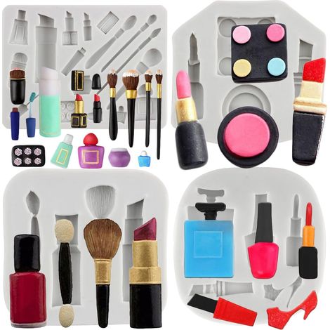 Lot De 4 Moules En Silicone Pour Rouge À Lèvres Bouteille De Parfum Fondant Vernis à Ongles Pinceaux De Maquillage Décoration De Cupcakes Argile Polymère Pâte À Gomme Décoration De Gâteau (1/5)