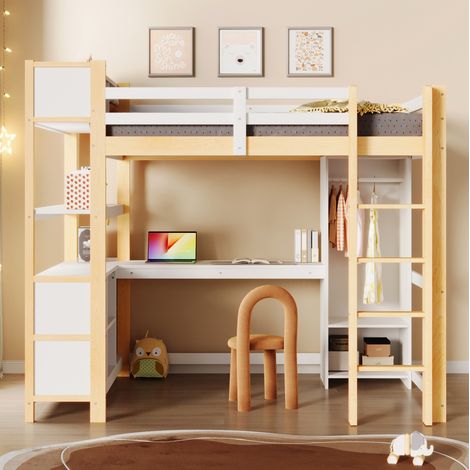 Lit 140x200 avec bureau et rangements, pin naturel HAVRYA (1/5)