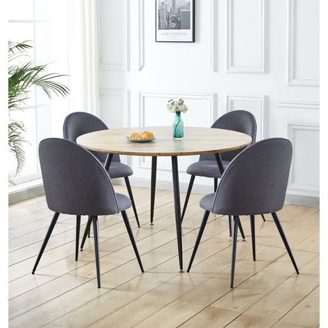 Hallowood Furniture Cullompton Large Dining Table and Chairs Set 4, 1.2m Light Oak Effect Top Round Dining Table and  Grey Fabric Curved Back Chairs for Kitchen, Restaurants or Café (1/5)