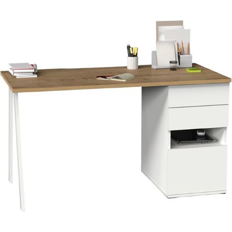 Bureau,table de travail en aggloméré finition chêne doré avec pied en métal blanc-Longueur 137.5 x Profondeur 67 x Hauteur 76 cm -PEGANE- (1/4)