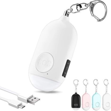 130dB Personal Anti-Attack Alarm with Keychain, Rechargeable Alarm with LED Flashlight for Women, Children and the Elderly (White) (1/5)