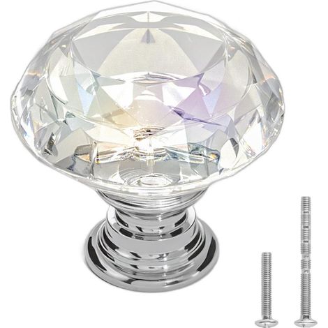 Bouton de Meuble Diamant Lot de 12 Poignées en Acrylique Transparent et Alliage de Zinc Argent Ø31x28mm avec Vis (1/5)