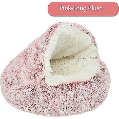 Nouveau lit d'hiver rond et chaud avec capuche pour chat et chien, niche douce et longue en peluche rose, 40 cm de long, pour petits chiens et chats. (1/4)