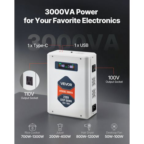 Transformateur 220 V à 110 V, Transformateur de Tension Abaisseur 3000 VA, avec 2 Prises Américaines, Sortie USB, Écran LCD, Protec… (1/5)