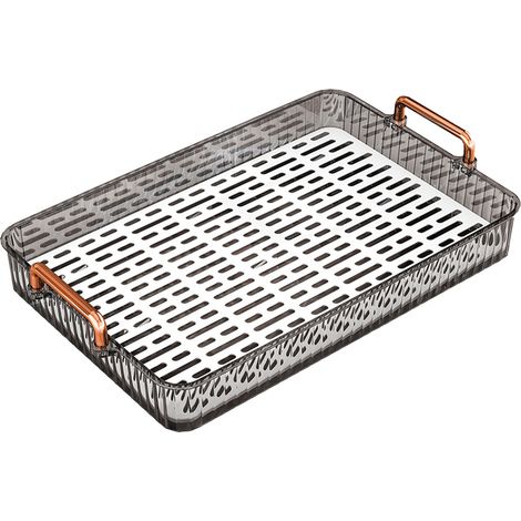 Tea Tray Build in Drainage Plastic Tray with Handles Rectangular Non Slip Tea Serving Tray for Parties Coffee Table Kitchen Large Gray