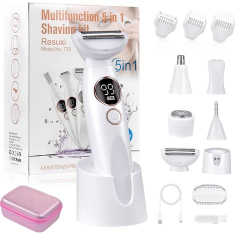 Women's Electric Shaver, 5 in 1 Electric Hair Remover, USB Rechargeable Painless Shaver, IPX7 Waterproof Female Intimate Trimmer for Face, Arms, Legs, Armpits (1/5)