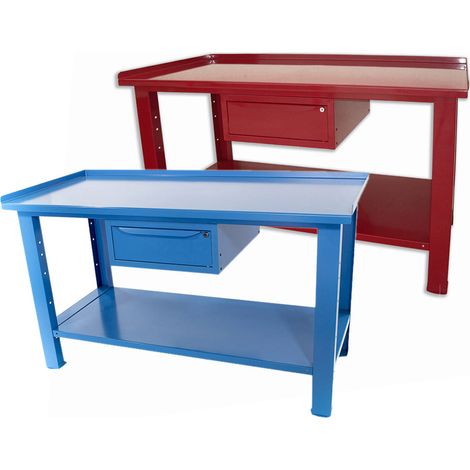 Banco da lavoro SOGI 1,5 metri con piano in acciaio portata 1000 kg + 1 cassetto - blu/rosso, ColoreBlu (1/5)