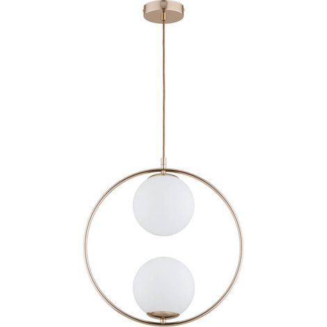 Alfa AVIA Modern Brass/Gold Metal Ring Pendant Light with 2 White Glass Globe Shades, 2xE14 max 10W, Dimmable Hanging Ceiling Lamp for Living/Dining Room, Bedroom, 85cm