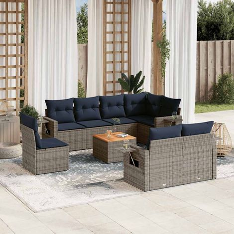 9-teiliges Gartensofa-Set mit Kissen, grau, Polyrattan (1/5)