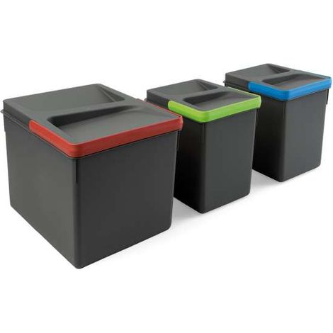 Emuca Kit di contenitori per la raccolta differenziata per cassetti da cucina Recycle Altezza Recycle 216 mm, 1x12lt, 2x6lt, Grigio antracite Tecnoplastica