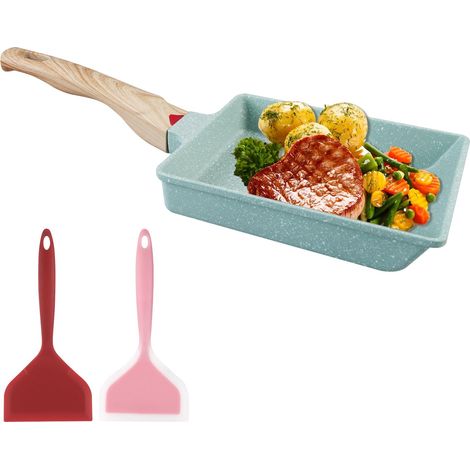 Poêle à omelette japonaise Tamagoyaki avec spatule et pinceau en silicone - Anti-adhésive - Pour omelettes japonaises - Pour tous types de feux - Vert - 16 x 20 cm (1/5)