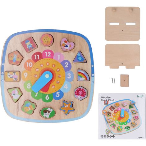 Horloge de tri des formes en bois d'hévéa naturel, bords brillants et sécuritaires, idéale pour l'apprentissage de l'heure et des formes chez les enfants. (1/5)