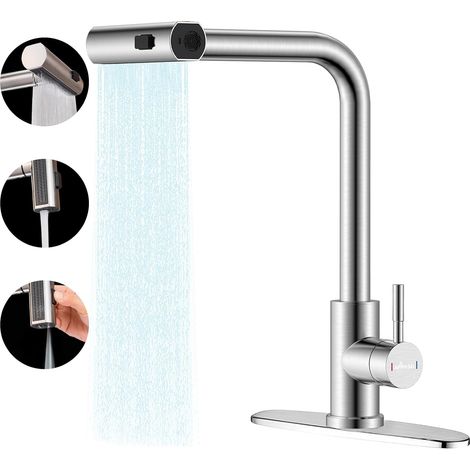 Waterfall Kitchen Faucet with Pull Out Sprayer, Brushed Nickel Kitchen Faucet with 3 Mode Sprayer, SUS304 Stainless Steel 360° Rotatable Kitchen Sink Faucet, High Arc Single Hole Sink Faucet (1/5)