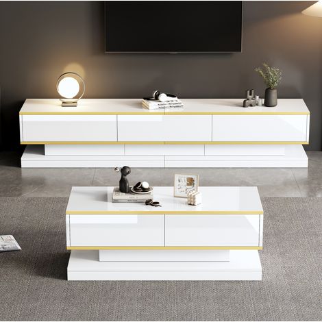Conjunto de mueble TV y mesa de centro (200x40x40 cm y 100x50x38 cm), 5 cajones, brillo, bordes dorados, tablero de partículas blanco (1/5)
