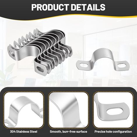 Colliers de Serrage en U Acier Inoxydable 25 mm, U-Tube Pince Anneau Fixation tuyau, 2 Trous, Épaisseur 1,5 mm, Installation sur Bois, Béton ou Métal (1/2)