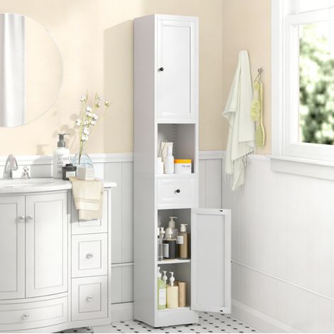 Mobile contenitore stretto 30x30x180,34 cm con 5 ripiani, 2 ante e ripiani regolabili, struttura in metallo bianco. (1/5)