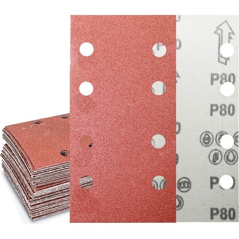 Feuilles abrasives 93 x 185 mm, 8 trous, grain 80, papier de verre carré auto-agrippant à 8 trous Accessoires Ponceuse excentrique(Lot de 30) (1/5)