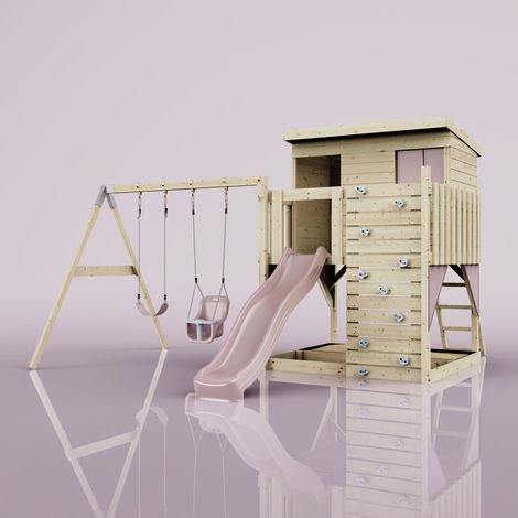 Polarplay – Tour de jeux 415 x 396 cm – Balançoire bébé – Construction en bois non traité – Hauteur 260 cm – Toboggan à vagues 220 cm - ROSA 415 X (1/5)